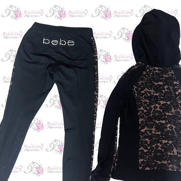 Bebe set 2 piece sweater and pants bling rhinestone diamonds black tan lace - Picture 4 of 8